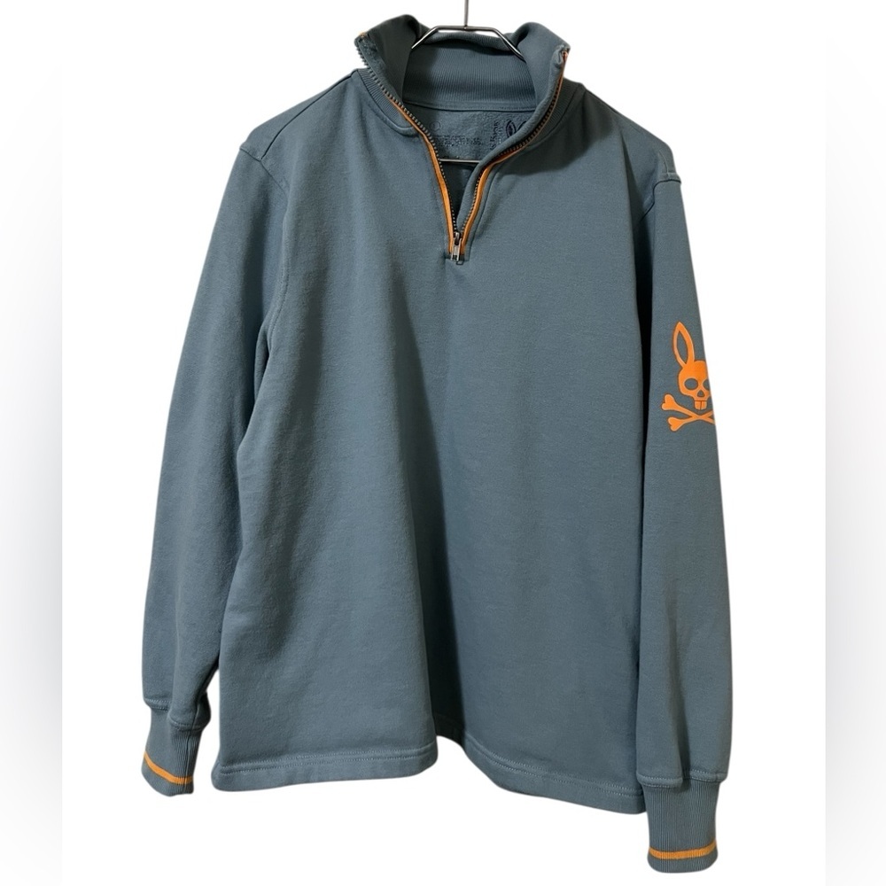 Psycho Bunny blue and orange quarter zip pullover sweatshirt logo arm